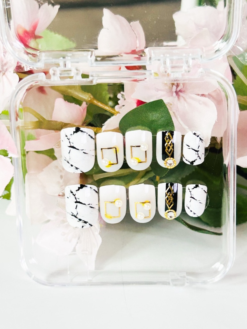 White Marble & Gold Accent Press-On Nails